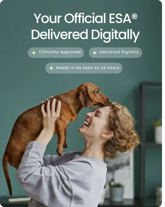 Your Official ESA&reg; Delivered Digitally &mdash; A smiling woman lifting her dachshund, with chips reading Clinically Approved, Delivered Digitally, and Ready In As Soon As 24 Hours
